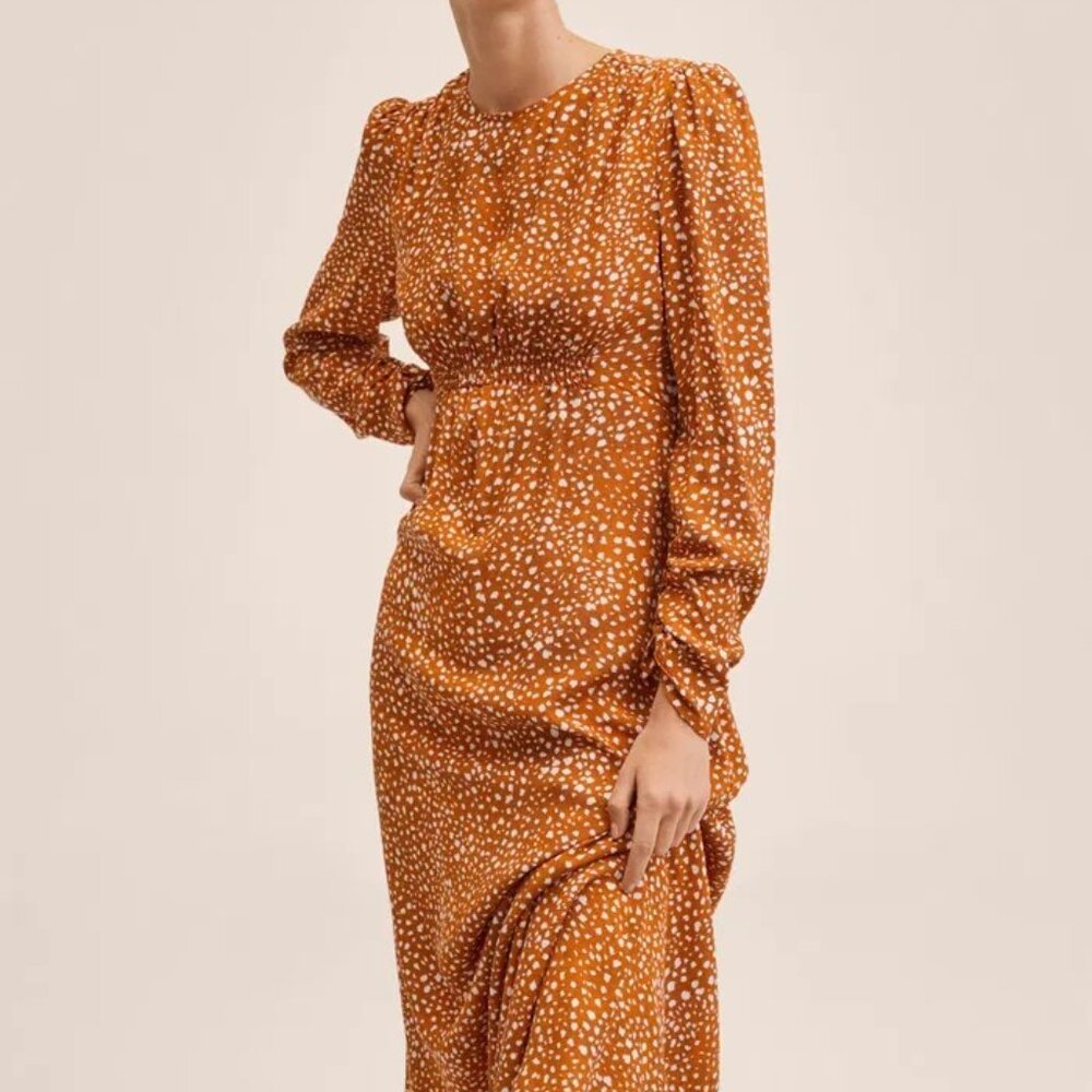 NWT MANGO Long Sleeve Maxi Prairie Tea Dress Orange Animal Print Size 4 / Small